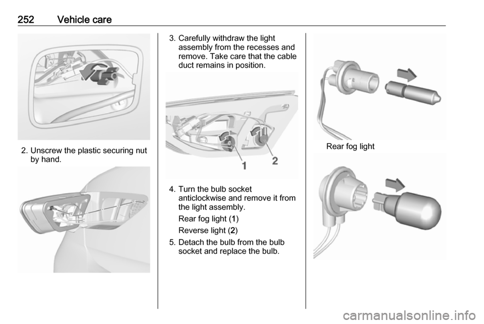 VAUXHALL INSIGNIA 2018.5  Owners Manual 252Vehicle care
2. Unscrew the plastic securing nutby hand.
3. Carefully withdraw the lightassembly from the recesses and
remove. Take care that the cable
duct remains in position.
4. Turn the bulb so