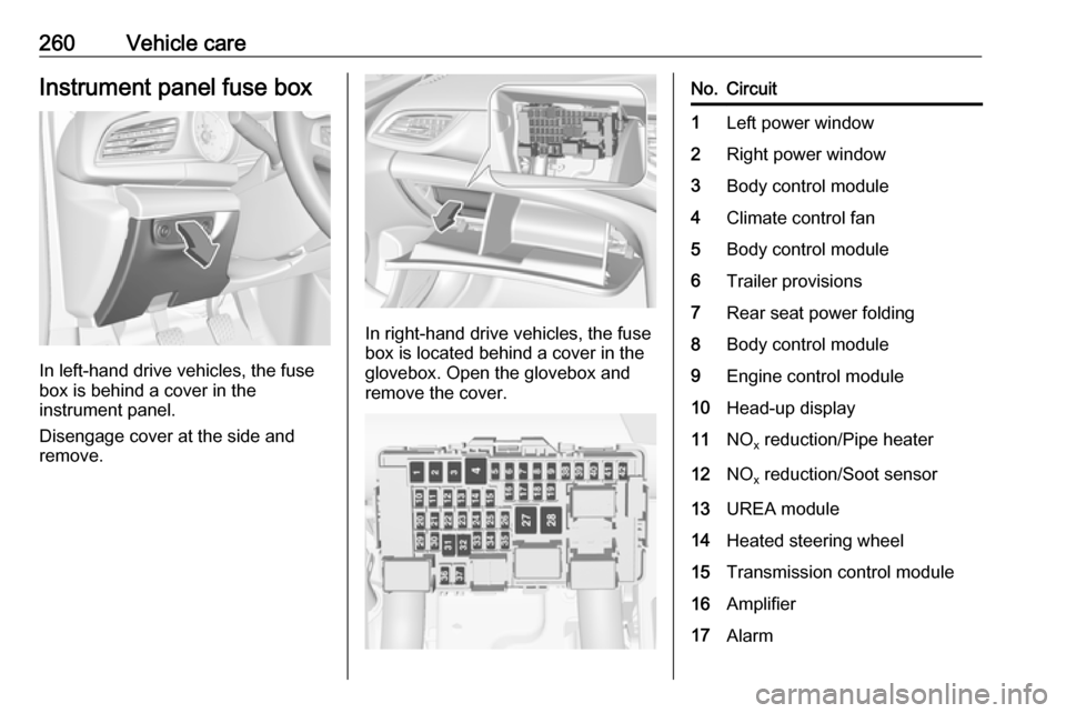 VAUXHALL INSIGNIA 2018.5  Owners Manual 260Vehicle careInstrument panel fuse box
In left-hand drive vehicles, the fuse
box is behind a cover in the
instrument panel.
Disengage cover at the side and
remove.
In right-hand drive vehicles, the 