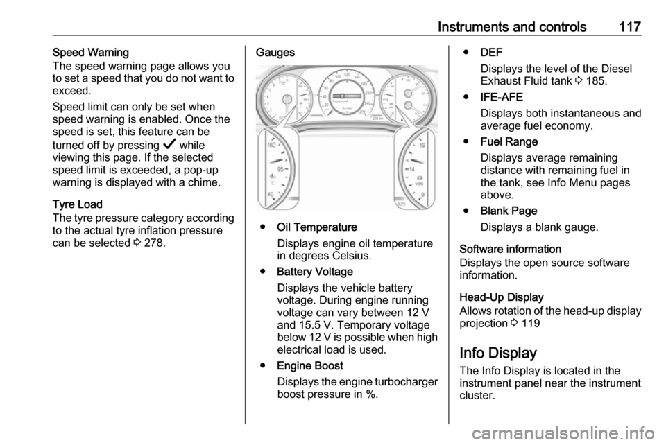 VAUXHALL INSIGNIA 2019  Owners Manual Instruments and controls117Speed Warning
The speed warning page allows you
to set a speed that you do not want to
exceed.
Speed limit can only be set when
speed warning is enabled. Once the
speed is s