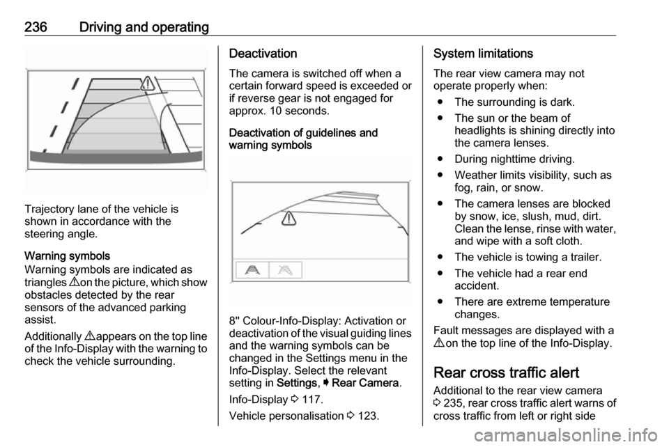 VAUXHALL INSIGNIA 2019 Owners Guide 236Driving and operating
Trajectory lane of the vehicle is
shown in accordance with the
steering angle.
Warning symbols
Warning symbols are indicated as
triangles 9 on the picture, which show
obstacl VAUXHALL INSIGNIA 2019 Owners Guide 236Driving and operating
Trajectory lane of the vehicle is
shown in accordance with the
steering angle.
Warning symbols
Warning symbols are indicated as
triangles 9 on the picture, which show
obstacl
