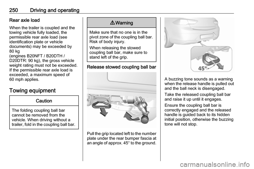 VAUXHALL INSIGNIA 2019  Owners Manual 250Driving and operatingRear axle load
When the trailer is coupled and the
towing vehicle fully loaded, the
permissible rear axle load (see
identification plate or vehicle
documents) may be exceeded b