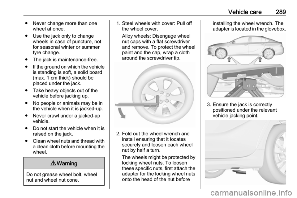 VAUXHALL INSIGNIA 2019  Owners Manual Vehicle care289● Never change more than onewheel at once.
● Use the jack only to change wheels in case of puncture, not
for seasonal winter or summer
tyre change.
● The jack is maintenance-free.