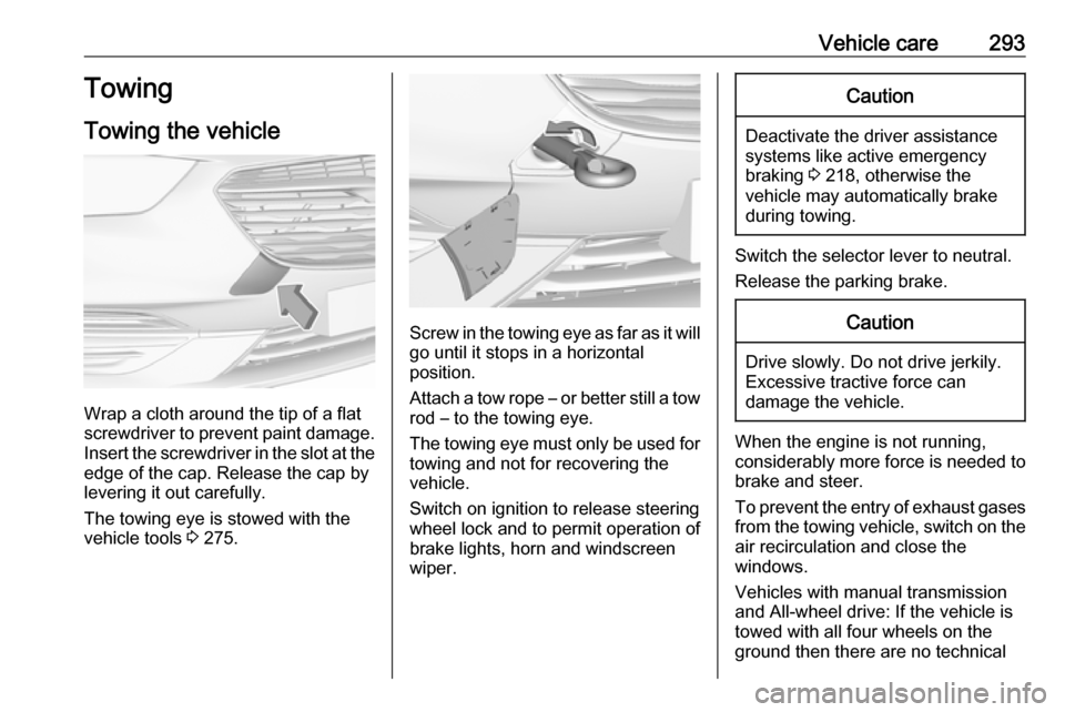 VAUXHALL INSIGNIA 2019  Owners Manual Vehicle care293Towing
Towing the vehicle
Wrap a cloth around the tip of a flat
screwdriver to prevent paint damage.
Insert the screwdriver in the slot at the
edge of the cap. Release the cap by
leveri