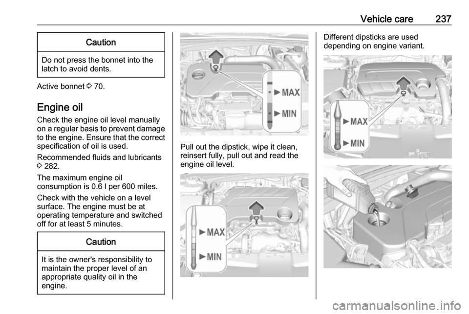 VAUXHALL INSIGNIA 2019.5 Manual PDF Vehicle care237Caution
Do not press the bonnet into the
latch to avoid dents.
Active bonnet 3 70.
Engine oil
Check the engine oil level manually
on a regular basis to prevent damage
to the engine. En VAUXHALL INSIGNIA 2019.5 Manual PDF Vehicle care237Caution
Do not press the bonnet into the
latch to avoid dents.
Active bonnet 3 70.
Engine oil
Check the engine oil level manually
on a regular basis to prevent damage
to the engine. En