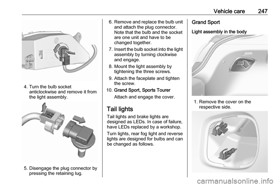 VAUXHALL INSIGNIA 2019.5  Owners Manual Vehicle care247
4. Turn the bulb socketanticlockwise and remove it from
the light assembly.
5. Disengage the plug connector by pressing the retaining lug.
6.Remove and replace the bulb unit
and attach