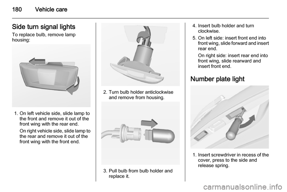 VAUXHALL MERIVA 2014.5  Owners Manual 180Vehicle careSide turn signal lights
To replace bulb, remove lamp
housing:
1. On left vehicle side, slide lamp to the front and remove it out of the
front wing with the rear end.
On right vehicle si