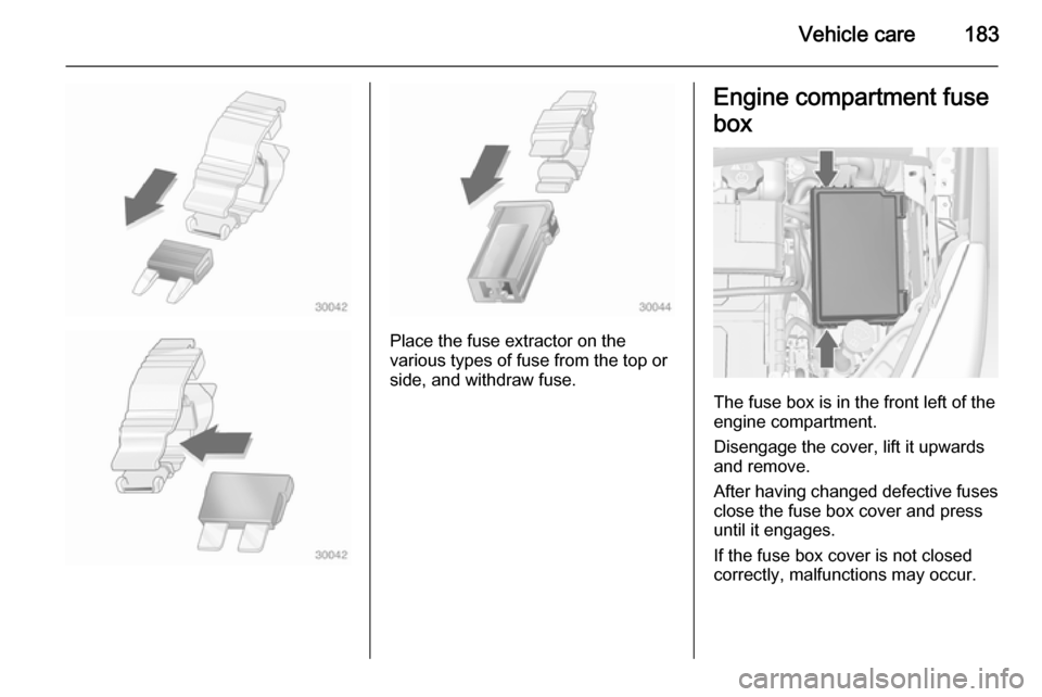 VAUXHALL MERIVA 2014.5 Owners Manual Vehicle care183
Place the fuse extractor on the
various types of fuse from the top or
side, and withdraw fuse.
Engine compartment fuse
box
The fuse box is in the front left of the
engine compartment.
VAUXHALL MERIVA 2014.5 Owners Manual Vehicle care183
Place the fuse extractor on the
various types of fuse from the top or
side, and withdraw fuse.
Engine compartment fuse
box
The fuse box is in the front left of the
engine compartment.