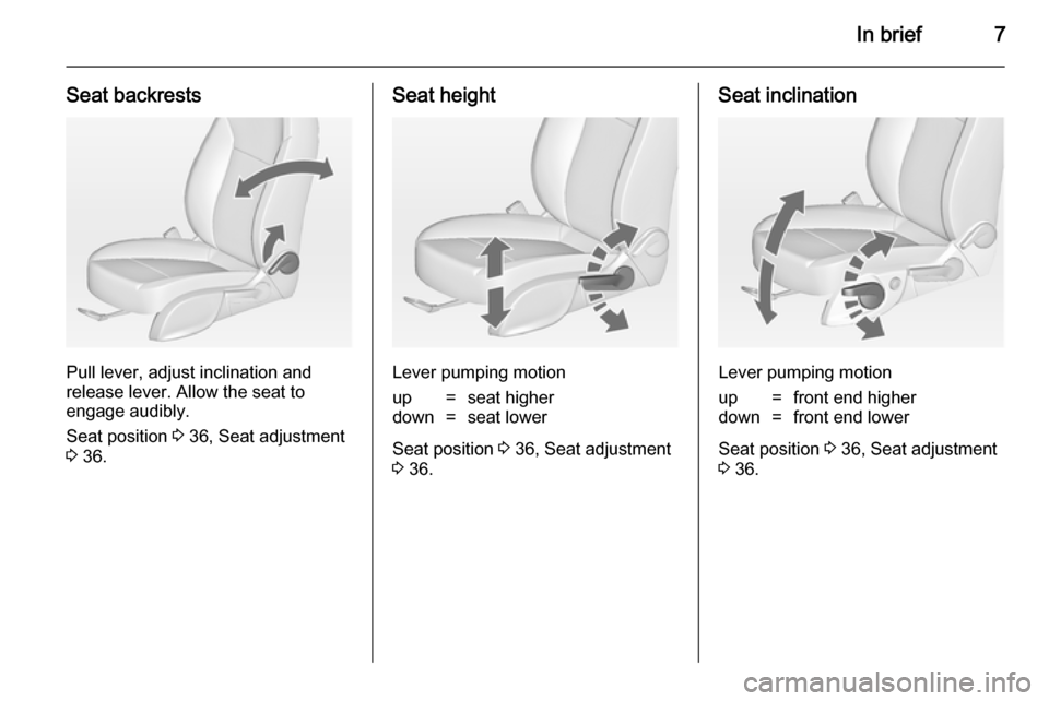 VAUXHALL MERIVA 2014.5  Owners Manual In brief7
Seat backrests
Pull lever, adjust inclination and
release lever. Allow the seat to
engage audibly.
Seat position  3 36, Seat adjustment
3  36.
Seat height
Lever pumping motion
up=seat higher