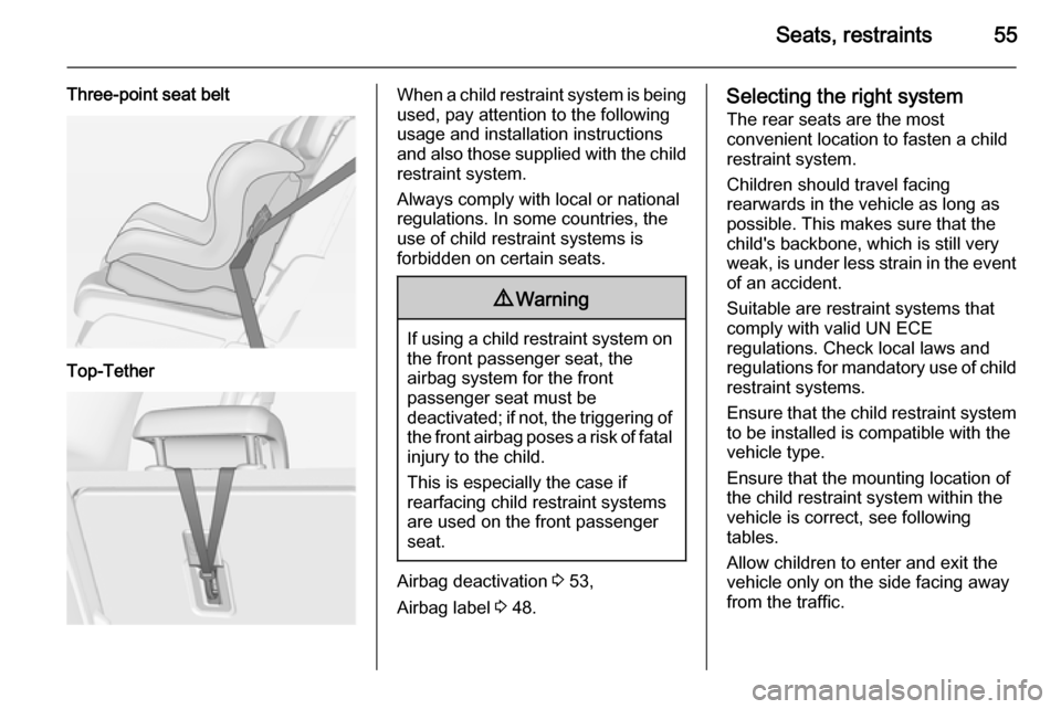 VAUXHALL MERIVA 2015  Owners Manual Seats, restraints55
Three-point seat beltTop-TetherWhen a child restraint system is being
used, pay attention to the following
usage and installation instructions
and also those supplied with the chil