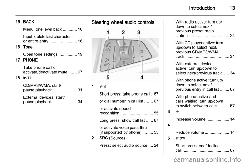 VAUXHALL MERIVA 2015.5 Infotainment system Introduction13
15 BACKMenu: one level back ............16
Input: delete last character
or entire entry ........................ 16
16 Tone
Open tone settings ................19
17 PHONE
Take phone cal VAUXHALL MERIVA 2015.5 Infotainment system Introduction13
15 BACKMenu: one level back ............16
Input: delete last character
or entire entry ........................ 16
16 Tone
Open tone settings ................19
17 PHONE
Take phone cal