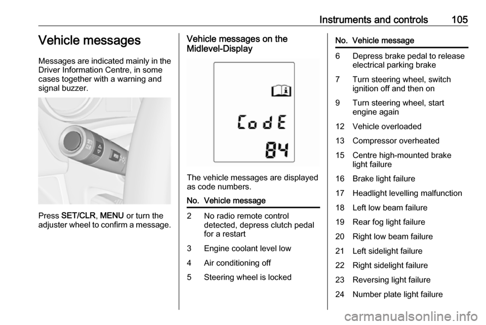 VAUXHALL MERIVA 2016  Owners Manual Instruments and controls105Vehicle messages
Messages are indicated mainly in the
Driver Information Centre, in some
cases together with a warning and
signal buzzer.
Press  SET/CLR , MENU  or turn the
