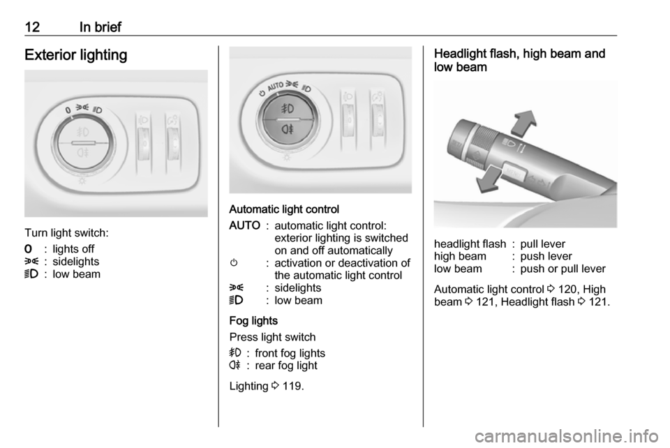 VAUXHALL MERIVA 2016 User Guide 12In briefExterior lighting
Turn light switch:
7:lights off8:sidelights9:low beam
Automatic light control
AUTO:automatic light control:
exterior lighting is switched
on and off automaticallym:activati VAUXHALL MERIVA 2016 User Guide 12In briefExterior lighting
Turn light switch:
7:lights off8:sidelights9:low beam
Automatic light control
AUTO:automatic light control:
exterior lighting is switched
on and off automaticallym:activati