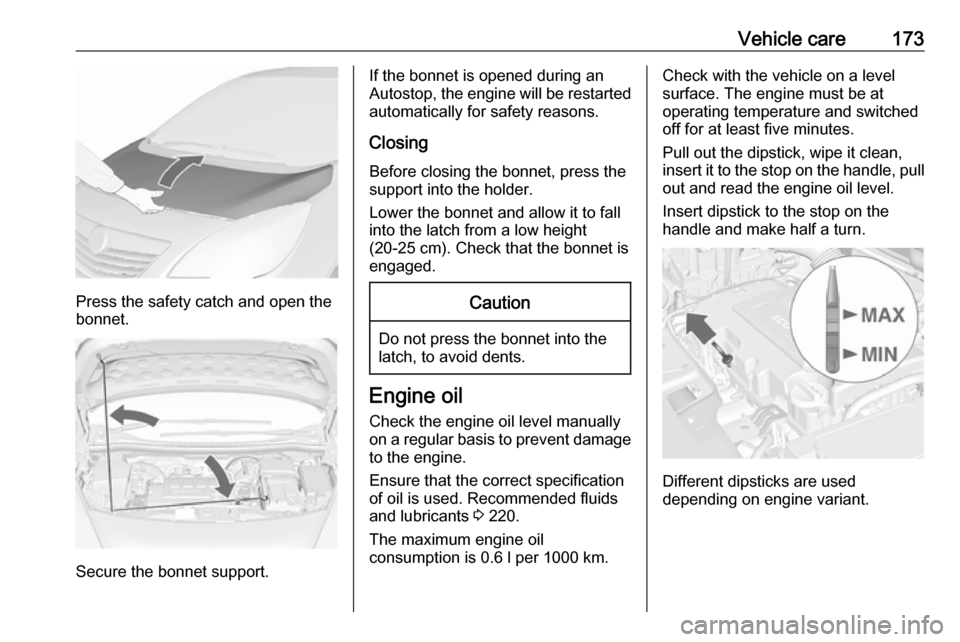VAUXHALL MERIVA 2016.5 Owners Guide Vehicle care173
Press the safety catch and open the
bonnet.
Secure the bonnet support.
If the bonnet is opened during an
Autostop, the engine will be restarted automatically for safety reasons.
Closin