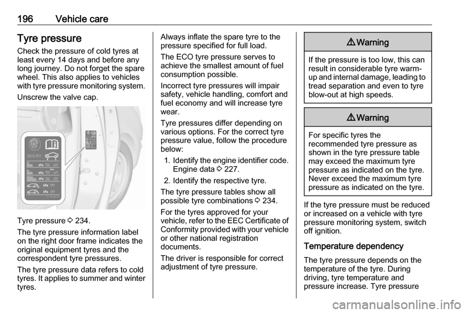 VAUXHALL MERIVA 2016.5 User Guide 196Vehicle careTyre pressureCheck the pressure of cold tyres at
least every 14 days and before any
long journey. Do not forget the spare
wheel. This also applies to vehicles
with tyre pressure monitor VAUXHALL MERIVA 2016.5 User Guide 196Vehicle careTyre pressureCheck the pressure of cold tyres at
least every 14 days and before any
long journey. Do not forget the spare
wheel. This also applies to vehicles
with tyre pressure monitor