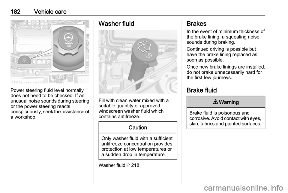 VAUXHALL MOKKA X 2018  Owners Manual 182Vehicle care
Power steering fluid level normally
does not need to be checked. If an
unusual noise sounds during steering or the power steering reacts
conspicuously, seek the assistance of a worksho