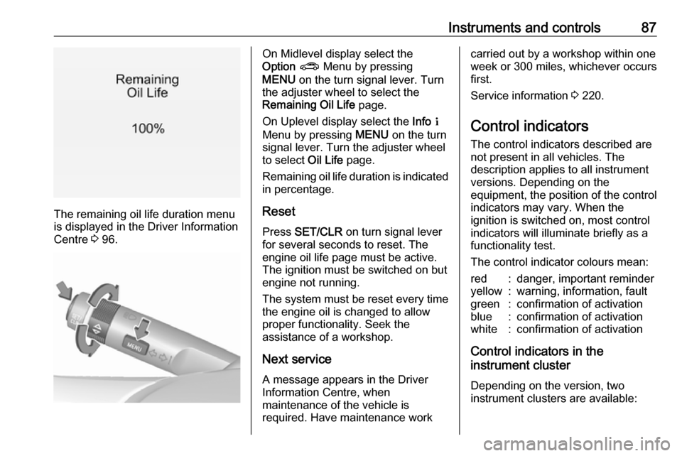 VAUXHALL MOKKA X 2019  Owners Manual Instruments and controls87
The remaining oil life duration menu
is displayed in the Driver Information
Centre  3 96.
On Midlevel display select the
Option  ? Menu by pressing
MENU  on the turn signal 