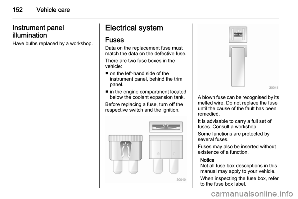 VAUXHALL MOVANO_B 2015  Owners Manual 152Vehicle careInstrument panel
illumination Have bulbs replaced by a workshop.Electrical system
Fuses
Data on the replacement fuse must match the data on the defective fuse.
There are two fuse boxes 