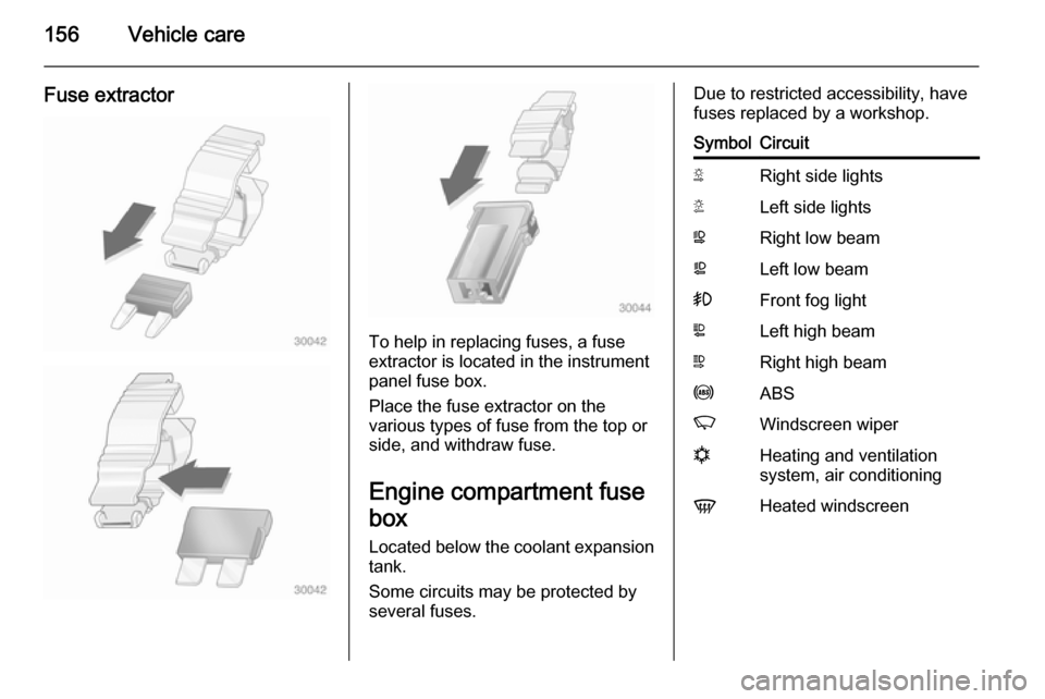 VAUXHALL MOVANO_B 2015.5  Owners Manual 156Vehicle care
Fuse extractor
To help in replacing fuses, a fuse
extractor is located in the instrument
panel fuse box.
Place the fuse extractor on the
various types of fuse from the top or
side, and