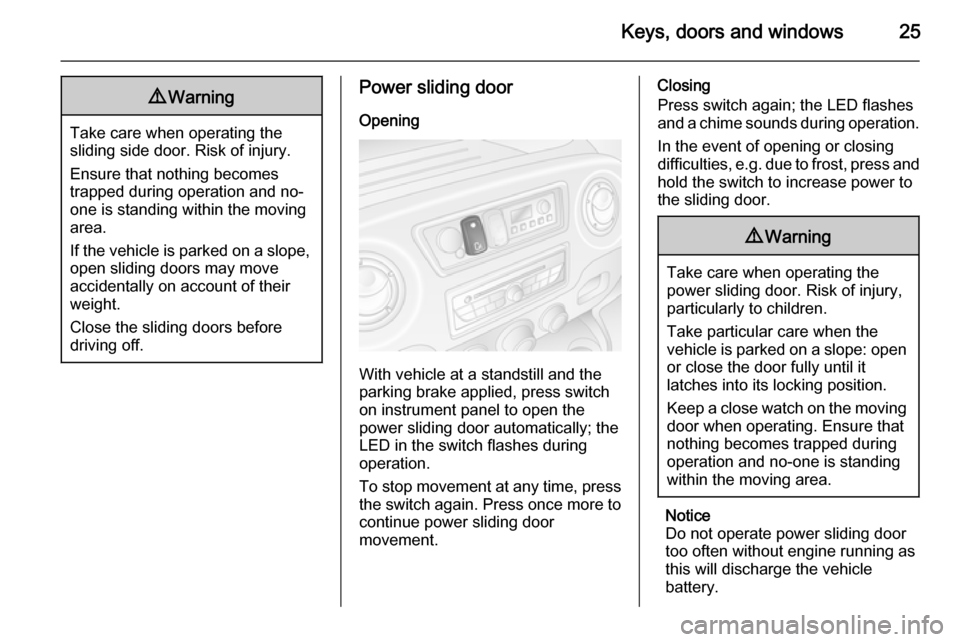 VAUXHALL MOVANO_B 2015.5 Owners Guide Keys, doors and windows259Warning
Take care when operating the
sliding side door. Risk of injury.
Ensure that nothing becomes
trapped during operation and no-
one is standing within the moving
area.
I