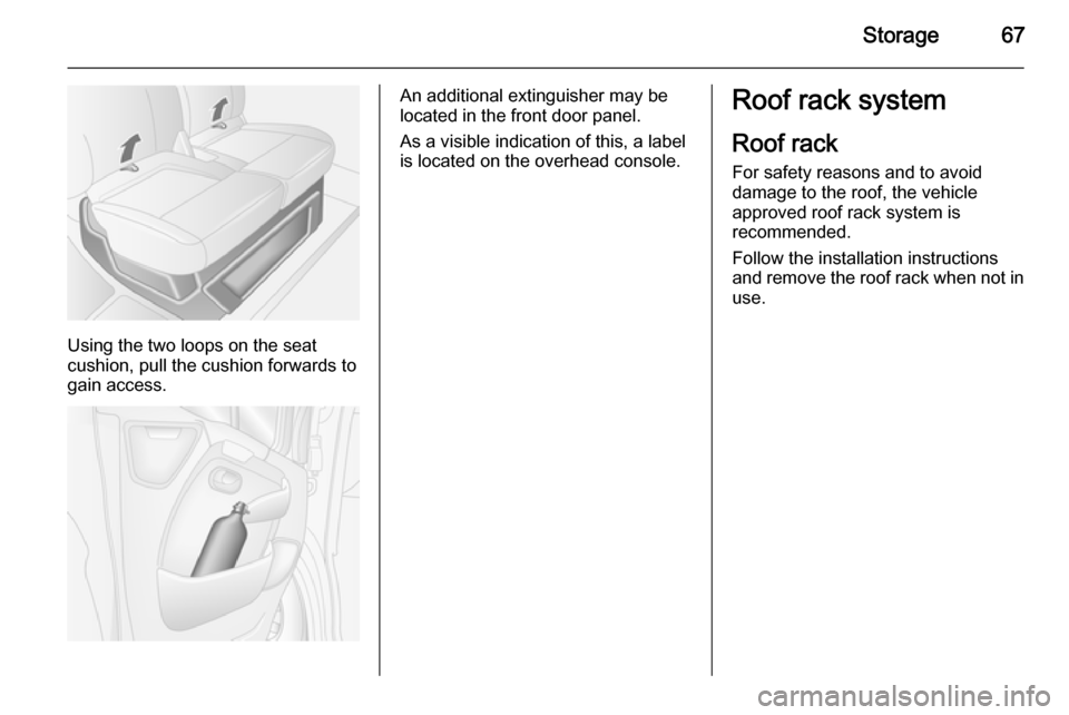 VAUXHALL MOVANO_B 2015.5 Repair Manual Storage67
Using the two loops on the seat
cushion, pull the cushion forwards to
gain access.
An additional extinguisher may be
located in the front door panel.
As a visible indication of this, a label