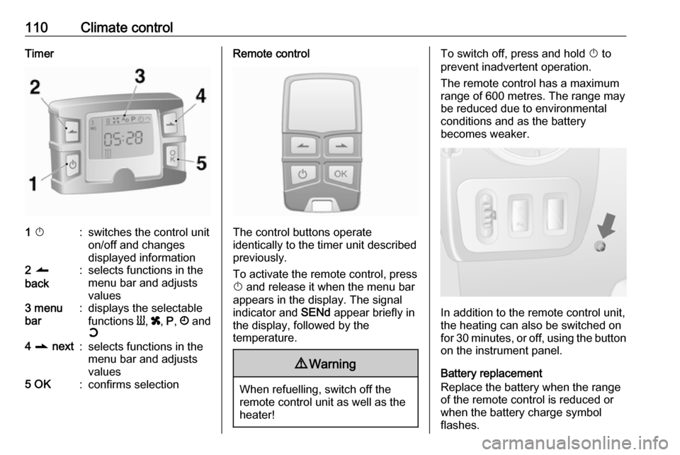 VAUXHALL MOVANO_B 2016  Owners Manual 110Climate controlTimer1 X:switches the control unit
on/off and changes
displayed information2  q
back:selects functions in the
menu bar and adjusts
values3  menu
bar:displays the selectable
functions