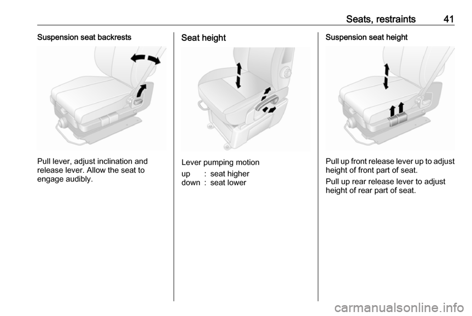VAUXHALL MOVANO_B 2016 Service Manual Seats, restraints41Suspension seat backrests
Pull lever, adjust inclination and
release lever. Allow the seat to
engage audibly.
Seat height
Lever pumping motion
up:seat higherdown:seat lowerSuspensio VAUXHALL MOVANO_B 2016 Service Manual Seats, restraints41Suspension seat backrests
Pull lever, adjust inclination and
release lever. Allow the seat to
engage audibly.
Seat height
Lever pumping motion
up:seat higherdown:seat lowerSuspensio