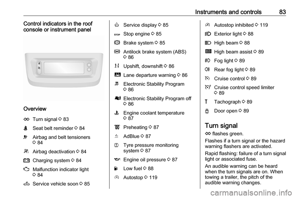 VAUXHALL MOVANO_B 2016 Manual Online Instruments and controls83Control indicators in the roof
console or instrument panel
Overview
OTurn signal 3 83XSeat belt reminder 3 84vAirbag and belt tensioners
3 84WAirbag deactivation 3 84pCha VAUXHALL MOVANO_B 2016 Manual Online Instruments and controls83Control indicators in the roof
console or instrument panel
Overview
OTurn signal 3 83XSeat belt reminder 3 84vAirbag and belt tensioners
3 84WAirbag deactivation 3 84pCha