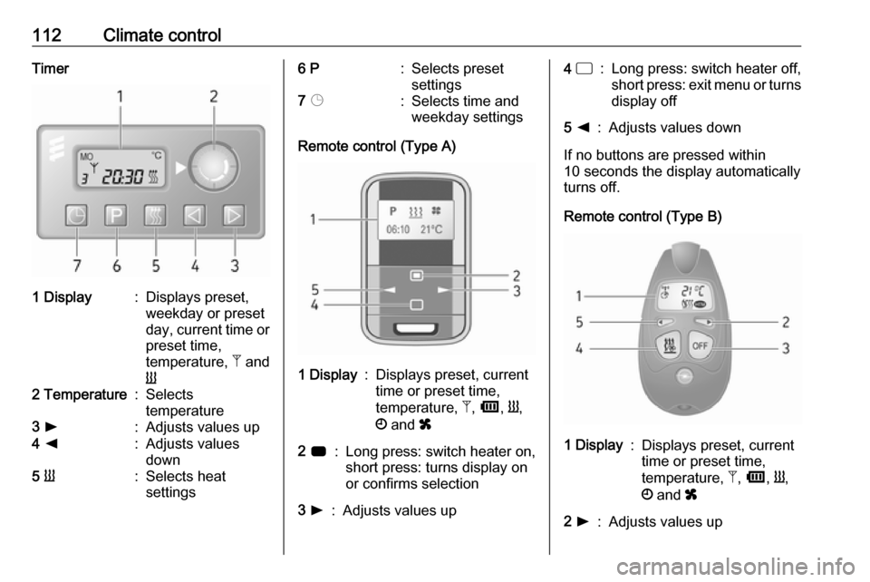 VAUXHALL MOVANO_B 2016.5 Owners Manual 112Climate controlTimer1 Display:Displays preset,
weekday or preset
day, current time or preset time,
temperature, Z and
Y2 Temperature:Selects
temperature3 l:Adjusts values up4 k:Adjusts values
d VAUXHALL MOVANO_B 2016.5 Owners Manual 112Climate controlTimer1 Display:Displays preset,
weekday or preset
day, current time or preset time,
temperature, Z and
Y2 Temperature:Selects
temperature3 l:Adjusts values up4 k:Adjusts values
d