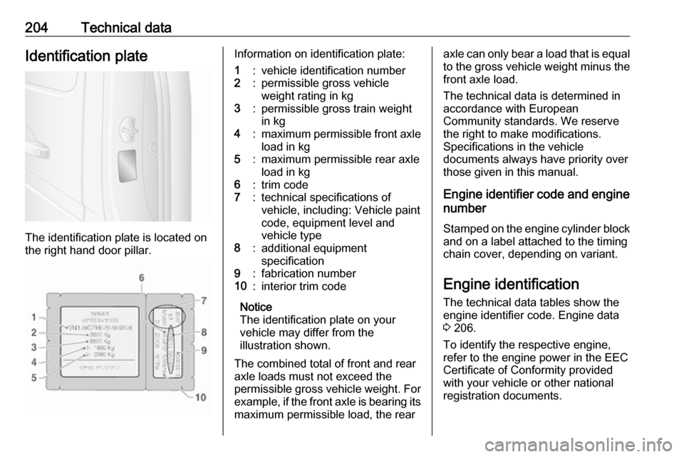 VAUXHALL MOVANO_B 2016.5 Owners Manual 204Technical dataIdentification plate
The identification plate is located on
the right hand door pillar.
Information on identification plate:1:vehicle identification number2:permissible gross vehicle
VAUXHALL MOVANO_B 2016.5 Owners Manual 204Technical dataIdentification plate
The identification plate is located on
the right hand door pillar.
Information on identification plate:1:vehicle identification number2:permissible gross vehicle