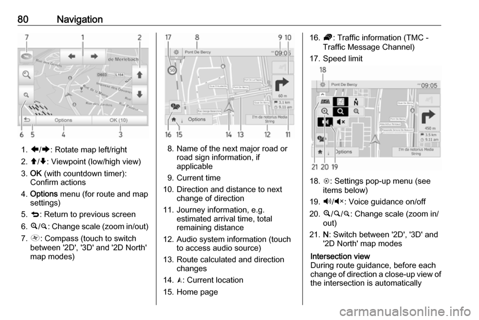VAUXHALL VIVARO 2018 Infotainment system 80Navigation
1.ä/å : Rotate map left/right
2. â/ã : Viewpoint (low/high view)
3. OK (with countdown timer):
Confirm actions
4. Options menu (for route and map
settings)
5. q : Return to previous VAUXHALL VIVARO 2018 Infotainment system 80Navigation
1.ä/å : Rotate map left/right
2. â/ã : Viewpoint (low/high view)
3. OK (with countdown timer):
Confirm actions
4. Options menu (for route and map
settings)
5. q : Return to previous