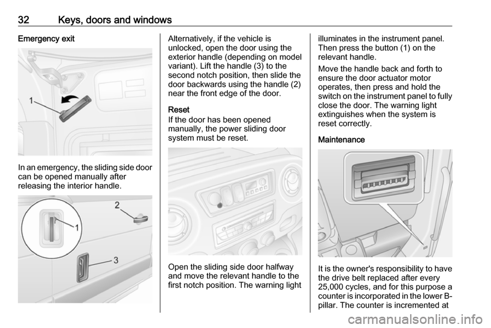 VAUXHALL MOVANO_B 2018.5 Owners Guide 32Keys, doors and windowsEmergency exit
In an emergency, the sliding side door
can be opened manually after
releasing the interior handle.
Alternatively, if the vehicle is
unlocked, open the door usin VAUXHALL MOVANO_B 2018.5 Owners Guide 32Keys, doors and windowsEmergency exit
In an emergency, the sliding side door
can be opened manually after
releasing the interior handle.
Alternatively, if the vehicle is
unlocked, open the door usin
