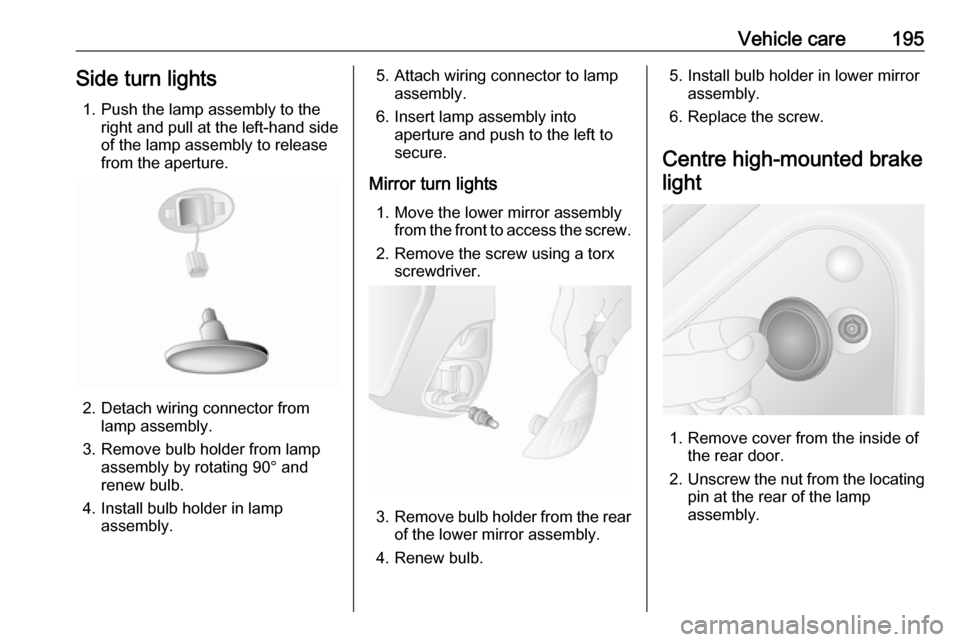 VAUXHALL MOVANO_B 2019  Owners Manual Vehicle care195Side turn lights1. Push the lamp assembly to the right and pull at the left-hand side
of the lamp assembly to release
from the aperture.
2. Detach wiring connector from lamp assembly.
3