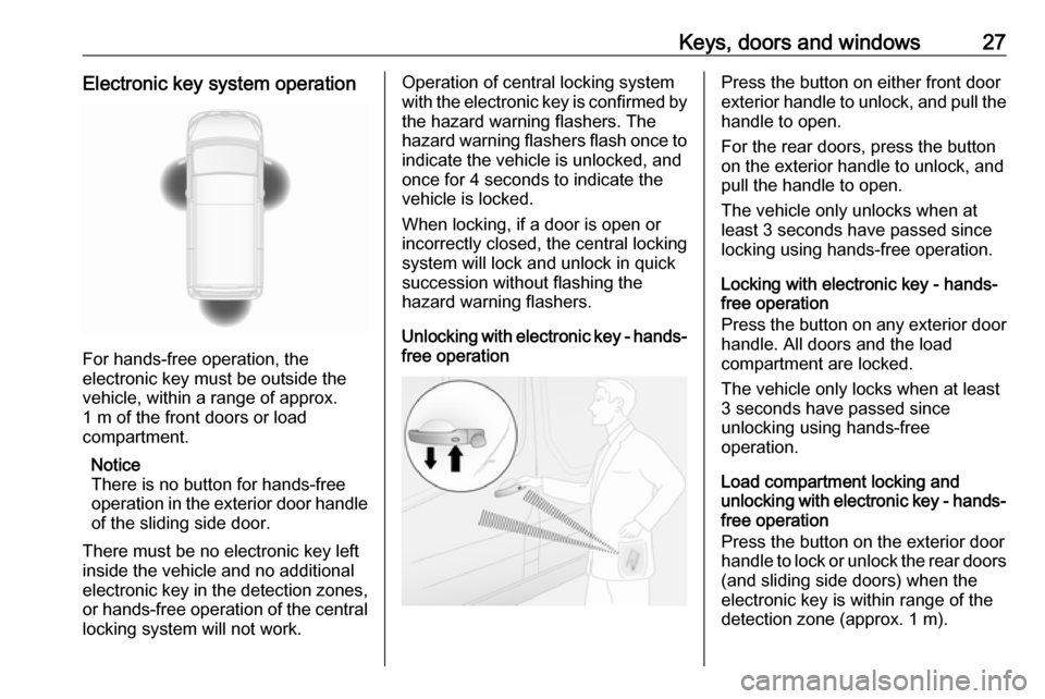 VAUXHALL MOVANO_B 2019 Owners Guide Keys, doors and windows27Electronic key system operation
For hands-free operation, the
electronic key must be outside the
vehicle, within a range of approx.
1 m of the front doors or load
compartment. VAUXHALL MOVANO_B 2019 Owners Guide Keys, doors and windows27Electronic key system operation
For hands-free operation, the
electronic key must be outside the
vehicle, within a range of approx.
1 m of the front doors or load
compartment.