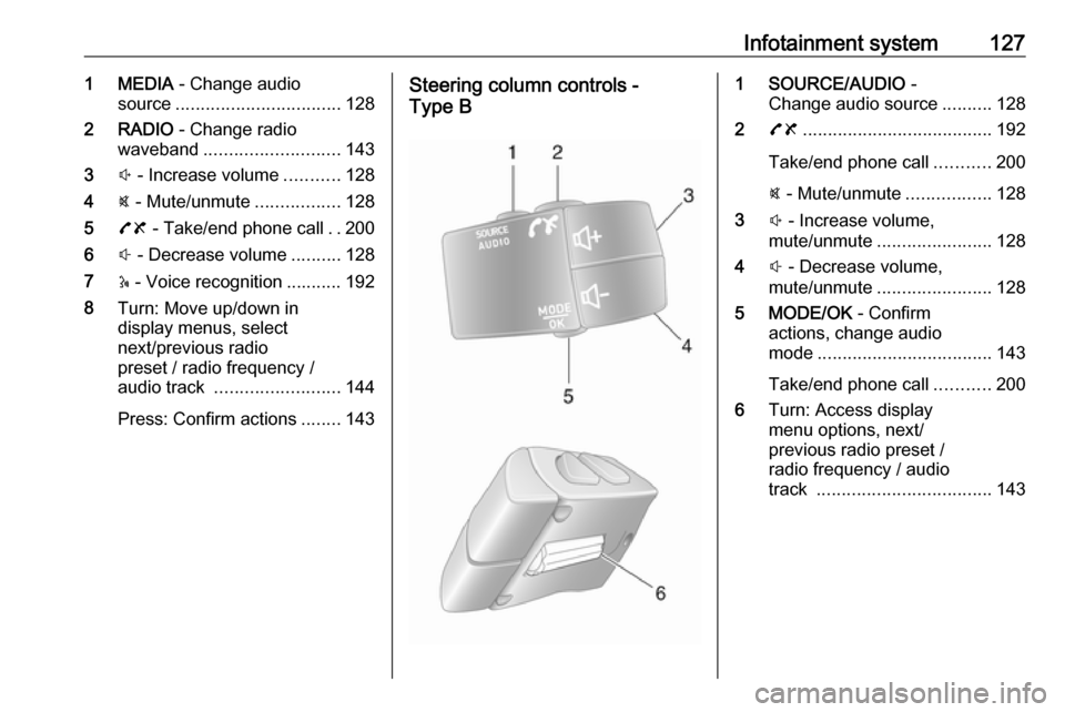 VAUXHALL MOVANO_B 2020 Owners Manual Infotainment system1271 MEDIA - Change audio
source ................................. 128
2 RADIO - Change radio
waveband ........................... 143
3 ! - Increase volume ...........128
4 @ - Mu VAUXHALL MOVANO_B 2020 Owners Manual Infotainment system1271 MEDIA - Change audio
source ................................. 128
2 RADIO - Change radio
waveband ........................... 143
3 ! - Increase volume ...........128
4 @ - Mu