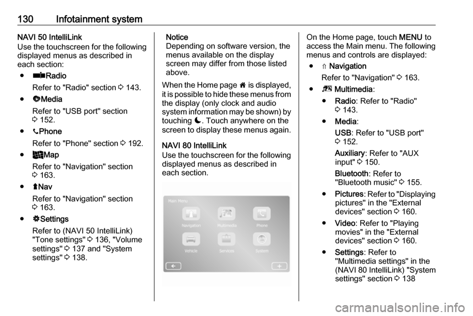 VAUXHALL MOVANO_B 2020 Owners Manual 130Infotainment systemNAVI 50 IntelliLink
Use the touchscreen for the following
displayed menus as described in
each section:
● ñ Radio
Refer to "Radio" section 3 143.
● üMedia
Refer to "USB po VAUXHALL MOVANO_B 2020 Owners Manual 130Infotainment systemNAVI 50 IntelliLink
Use the touchscreen for the following
displayed menus as described in
each section:
● ñ Radio
Refer to "Radio" section 3 143.
● üMedia
Refer to "USB po