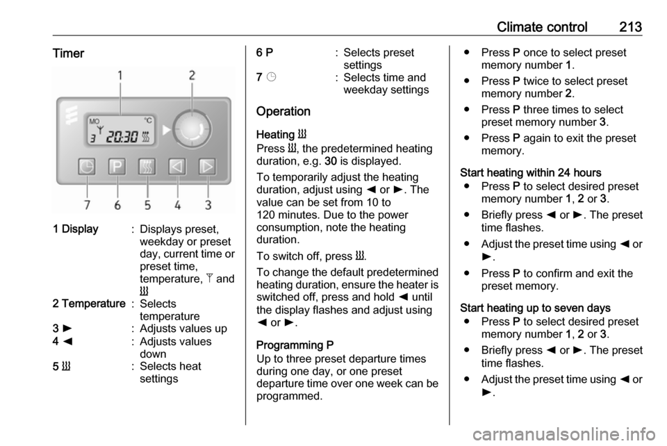 VAUXHALL MOVANO_B 2020 Owners Manual Climate control213Timer1 Display:Displays preset,
weekday or preset
day, current time or preset time,
temperature, Z and
Y2 Temperature:Selects
temperature3 l:Adjusts values up4 k:Adjusts values
d VAUXHALL MOVANO_B 2020 Owners Manual Climate control213Timer1 Display:Displays preset,
weekday or preset
day, current time or preset time,
temperature, Z and
Y2 Temperature:Selects
temperature3 l:Adjusts values up4 k:Adjusts values
d