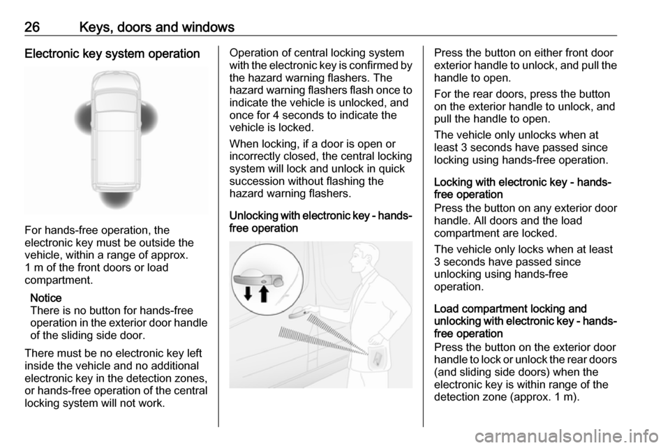 VAUXHALL MOVANO_B 2020 Owners Guide 26Keys, doors and windowsElectronic key system operation
For hands-free operation, the
electronic key must be outside the
vehicle, within a range of approx.
1 m of the front doors or load
compartment. VAUXHALL MOVANO_B 2020 Owners Guide 26Keys, doors and windowsElectronic key system operation
For hands-free operation, the
electronic key must be outside the
vehicle, within a range of approx.
1 m of the front doors or load
compartment.