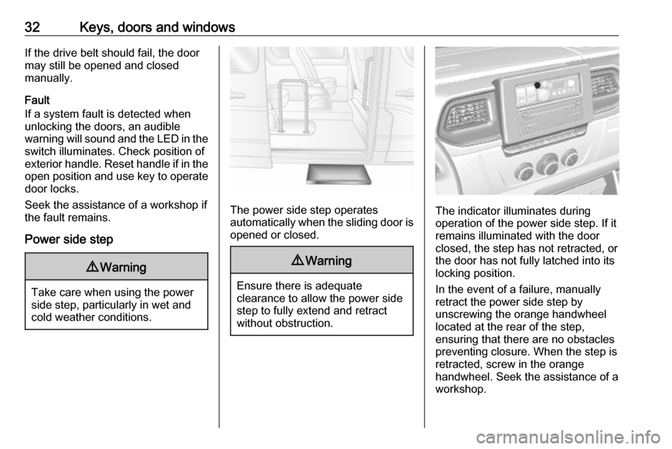 VAUXHALL MOVANO_B 2020 Owners Guide 32Keys, doors and windowsIf the drive belt should fail, the door
may still be opened and closed
manually.
Fault
If a system fault is detected when unlocking the doors, an audible
warning will sound an