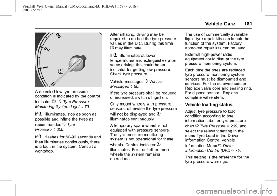 VAUXHALL VIVA 2015.75  Owners Manual Vauxhall Viva Owner Manual (GMK-Localizing-EU RHD-9231169) - 2016 -
CRC - 5/7/15
Vehicle Care 181
A detected low tyre pressure
condition is indicated by the control
indicator
70Tyre Pressure
Monitorin