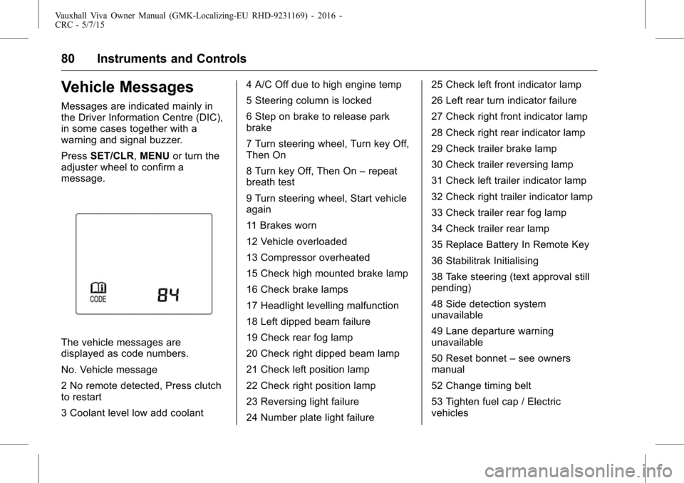 VAUXHALL VIVA 2015.75  Owners Manual Vauxhall Viva Owner Manual (GMK-Localizing-EU RHD-9231169) - 2016 -
CRC - 5/7/15
80 Instruments and Controls
Vehicle Messages
Messages are indicated mainly in
the Driver Information Centre (DIC),
in s