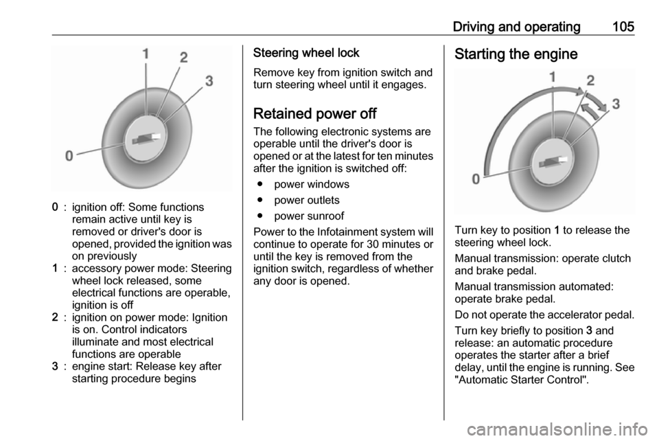 VAUXHALL VIVA 2016.5  Owners Manual Driving and operating1050:ignition off: Some functions
remain active until key is
removed or drivers door is
opened, provided the ignition was
on previously1:accessory power mode: Steering wheel lock