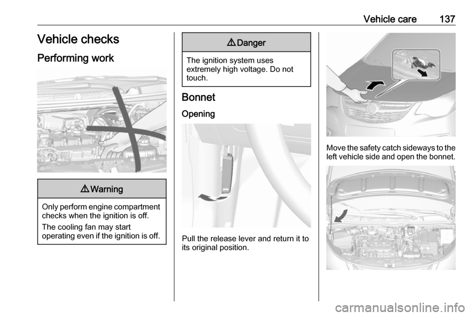 VAUXHALL VIVA 2018 Owners Manual Vehicle care137Vehicle checks
Performing work9 Warning
Only perform engine compartment
checks when the ignition is off.
The cooling fan may start
operating even if the ignition is off.
9 Danger
The ig VAUXHALL VIVA 2018 Owners Manual Vehicle care137Vehicle checks
Performing work9 Warning
Only perform engine compartment
checks when the ignition is off.
The cooling fan may start
operating even if the ignition is off.
9 Danger
The ig