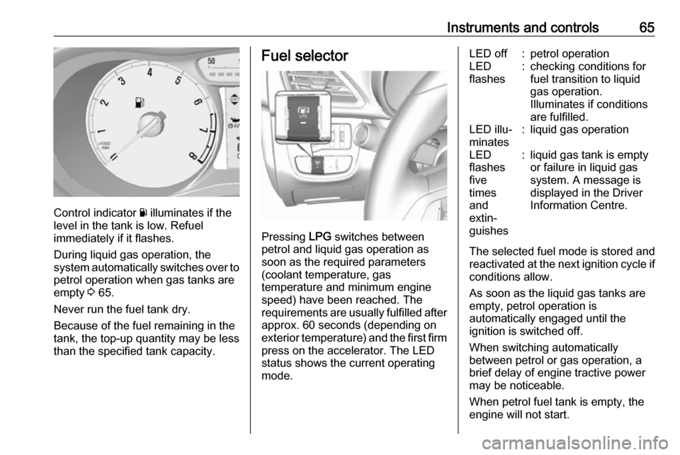 VAUXHALL VIVA 2018.5 Owners Manual Instruments and controls65
Control indicator Y illuminates if the
level in the tank is low. Refuel
immediately if it flashes.
During liquid gas operation, the
system automatically switches over to
pet VAUXHALL VIVA 2018.5 Owners Manual Instruments and controls65
Control indicator Y illuminates if the
level in the tank is low. Refuel
immediately if it flashes.
During liquid gas operation, the
system automatically switches over to
pet