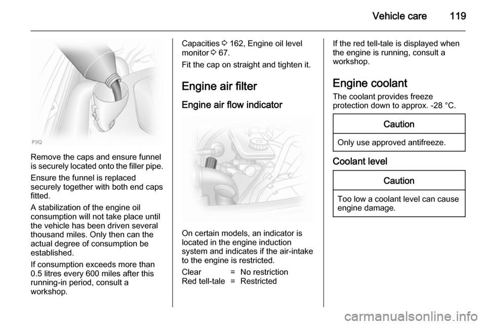 VAUXHALL VIVARO 2014 User Guide Vehicle care119
Remove the caps and ensure funnel
is securely located onto the filler pipe.
Ensure the funnel is replaced
securely together with both end caps
fitted.
A stabilization of the engine oil