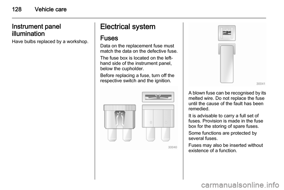 VAUXHALL VIVARO 2014  Owners Manual 128Vehicle careInstrument panel
illumination Have bulbs replaced by a workshop.Electrical system
Fuses
Data on the replacement fuse must match the data on the defective fuse.
The fuse box is located o
