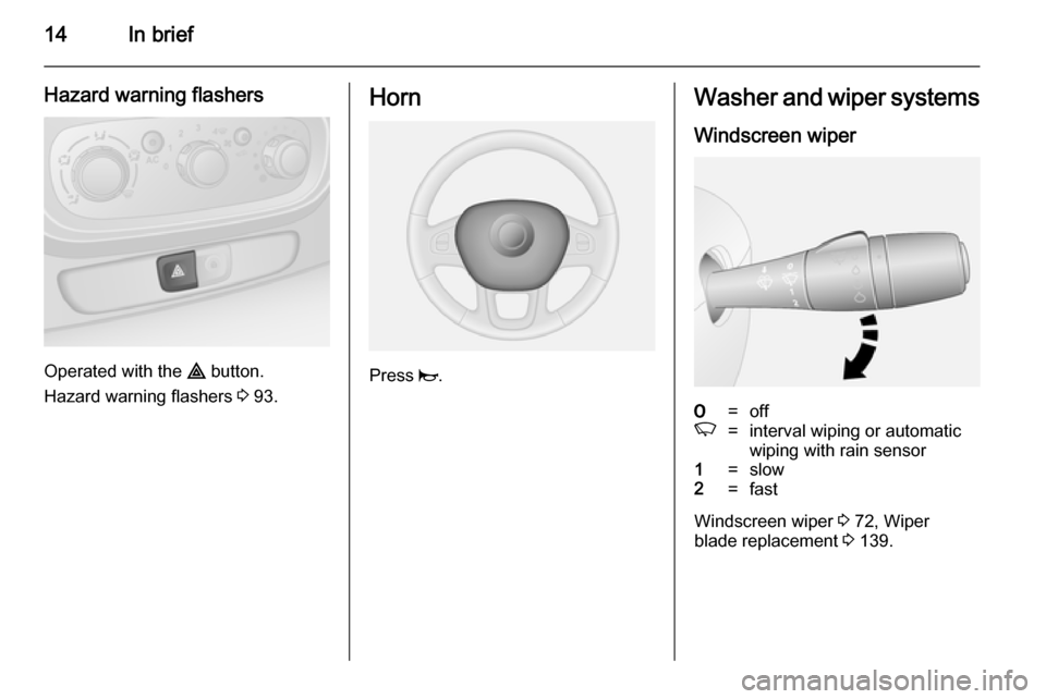 VAUXHALL VIVARO 2014.5 User Guide 14In brief
Hazard warning flashers
Operated with the ¨ button.
Hazard warning flashers  3 93.
Horn
Press  j.
Washer and wiper systems
Windscreen wiper7=offK=interval wiping or automatic
wiping with r