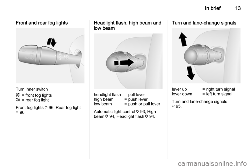 VAUXHALL VIVARO 2015.5  Owners Manual In brief13
Front and rear fog lights
Turn inner switch
>=front fog lightsr=rear fog light
Front fog lights 3 96, Rear fog light
3  96.
Headlight flash, high beam and
low beamheadlight flash=pull lever