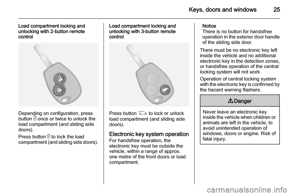 VAUXHALL VIVARO 2015.5 Owners Guide Keys, doors and windows25
Load compartment locking and
unlocking with 2-button remote
control
Depending on configuration, press
button  c once or twice to unlock the
load compartment (and sliding side