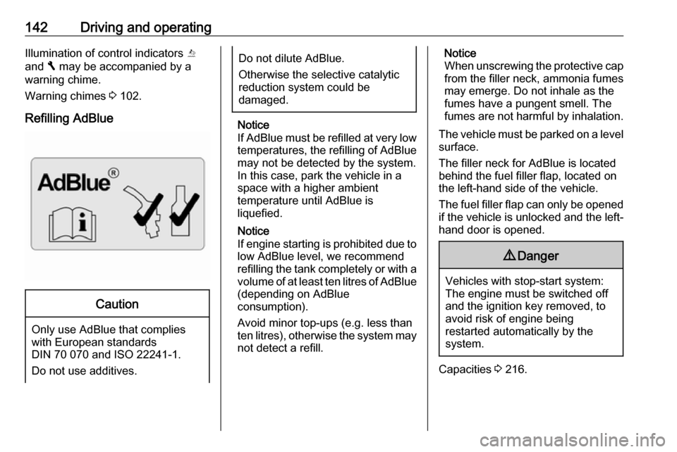VAUXHALL VIVARO 2018 Owners Guide 142Driving and operatingIllumination of control indicators Y
and F may be accompanied by a
warning chime.
Warning chimes 3 102.
Refilling AdBlueCaution
Only use AdBlue that complies
with European st VAUXHALL VIVARO 2018 Owners Guide 142Driving and operatingIllumination of control indicators Y
and F may be accompanied by a
warning chime.
Warning chimes 3 102.
Refilling AdBlueCaution
Only use AdBlue that complies
with European st