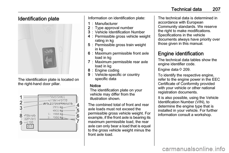 VAUXHALL VIVARO 2018.5 Owners Manual Technical data207Identification plate
The identification plate is located on
the right-hand door pillar.
Information on identification plate:1:Manufacturer2:Type approval number3:Vehicle Identificatio VAUXHALL VIVARO 2018.5 Owners Manual Technical data207Identification plate
The identification plate is located on
the right-hand door pillar.
Information on identification plate:1:Manufacturer2:Type approval number3:Vehicle Identificatio